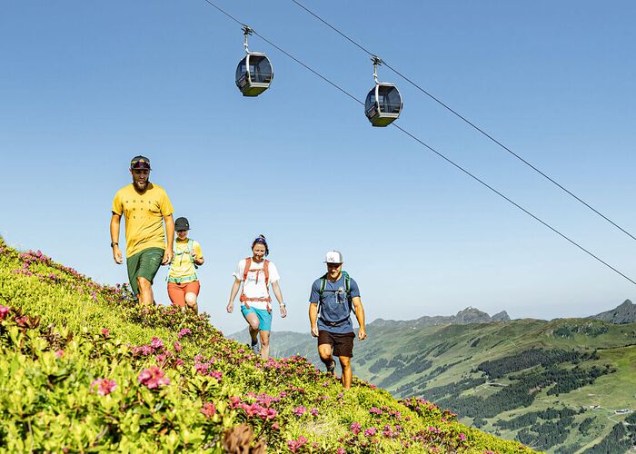 Wanderer in Saalbach Hinterglemm mit Blick auf die Berge