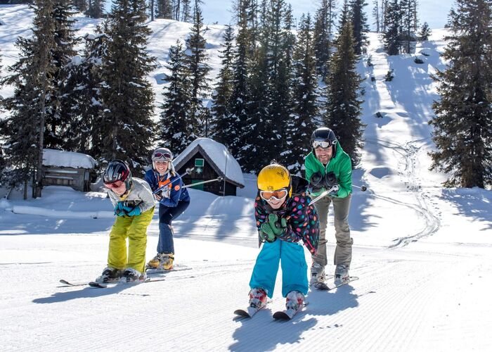 Familie beim Skifahren in winterlicher Landschaft auf der Grebenzen