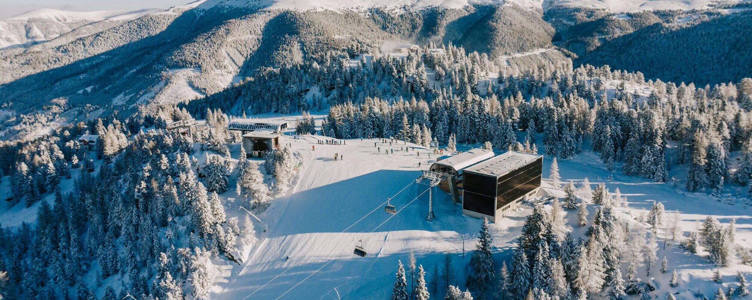 Panoramafoto des Skigebiets Turracher Höhe in Kärnten mit Pisten, Liften und umliegenden Bergen
