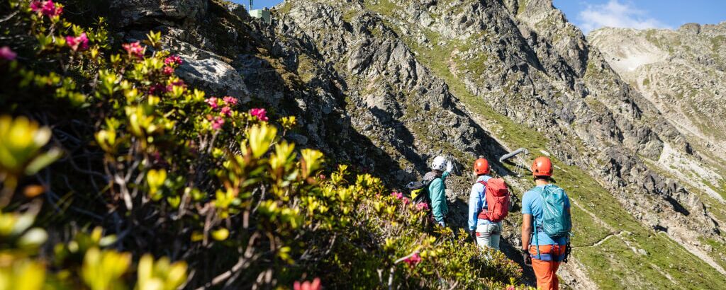 Climbers navigate a flower lined trail on Gargellner Köpfe, surrounded by rocky peaks and a clear blue sky. | © Stefan Kothner