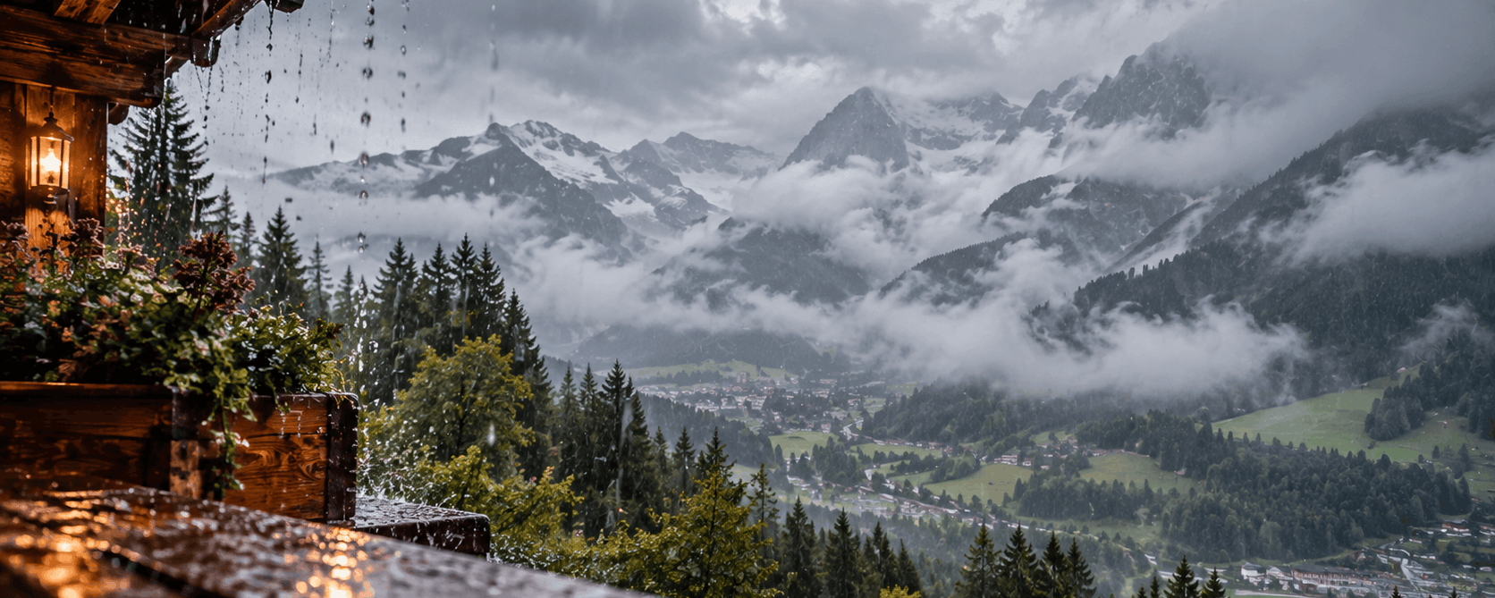 Verregnete Berglandschaft in Schladming Dachstein mit dichten Wolken und Nebel