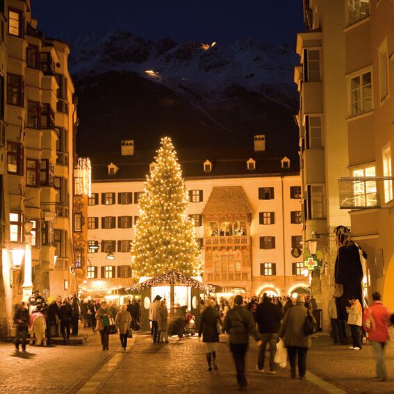 A festively illuminated Christmas tree in front of the Golden Roof, surrounded by atmospheric market foodstalls