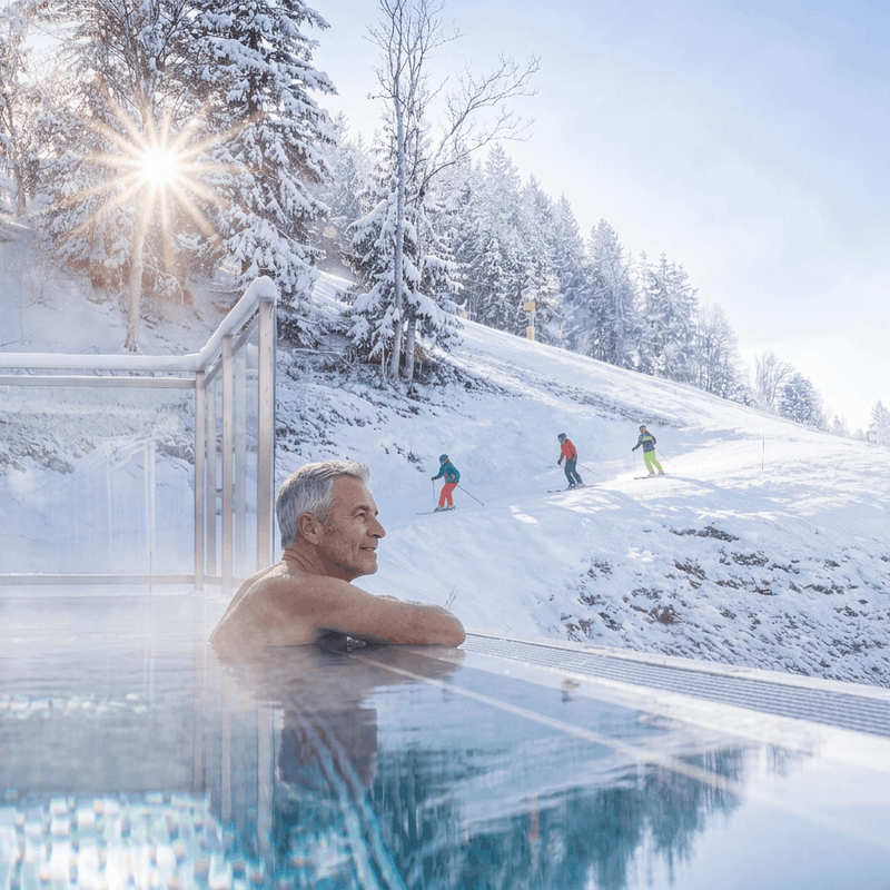 Ein Mann entspannt im Thermalwasser, während Skifahrer auf einer verschneiten Piste vorbeifahren.