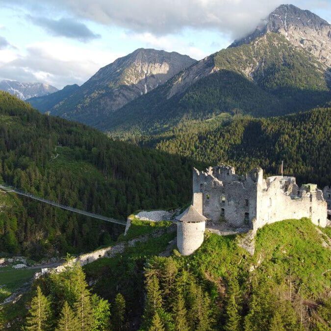 Aerial view of Burgenwelt Ehrenberg castle with the highline179 bridge