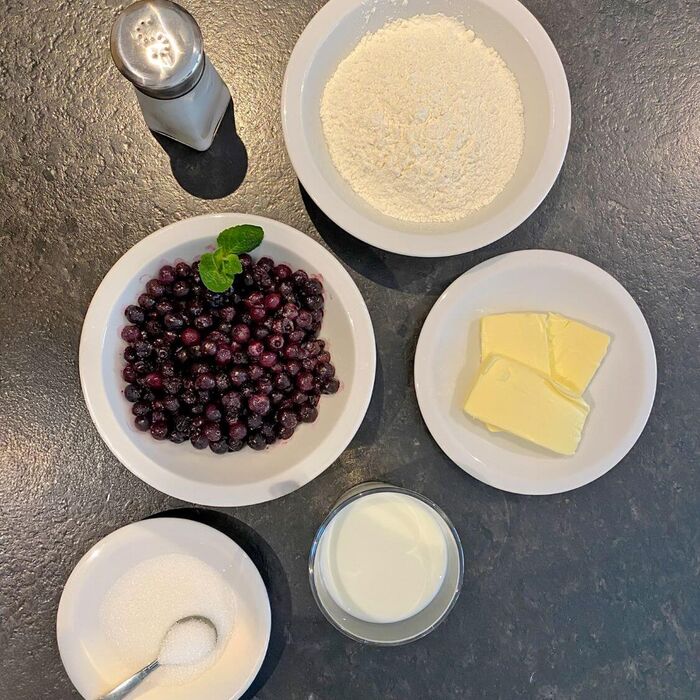 Wild blueberries, butter, sugar, milk and sugar