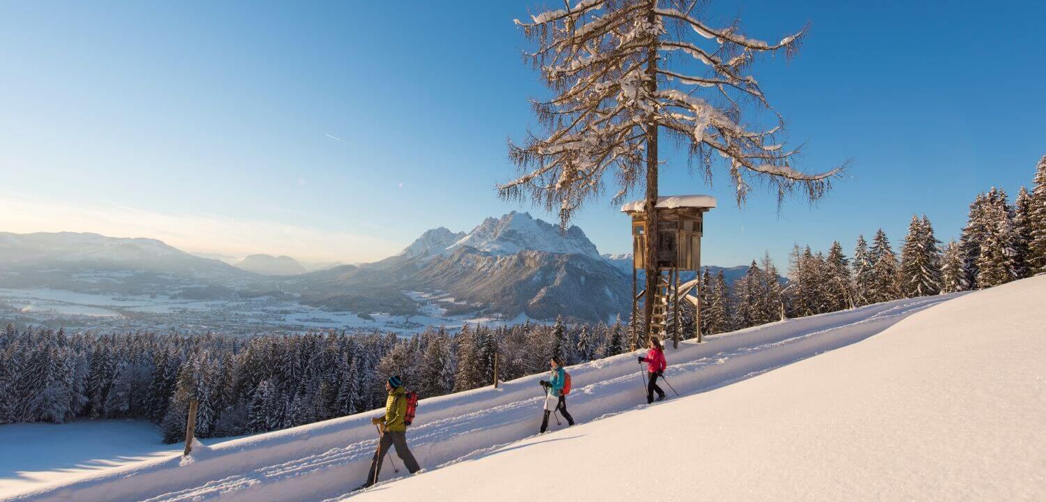 Schneeschuhwandern in den Kitzbüheler Alpen mit Blick auf den Wilden Kaiser (c) Kitzbüheler Alpen Marketing, Gerdl Franz