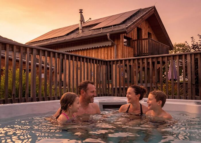 Eine Familie genießt den Sonnenuntergang im Whirlpool eines charmanten Holzhauses in den Alpen.