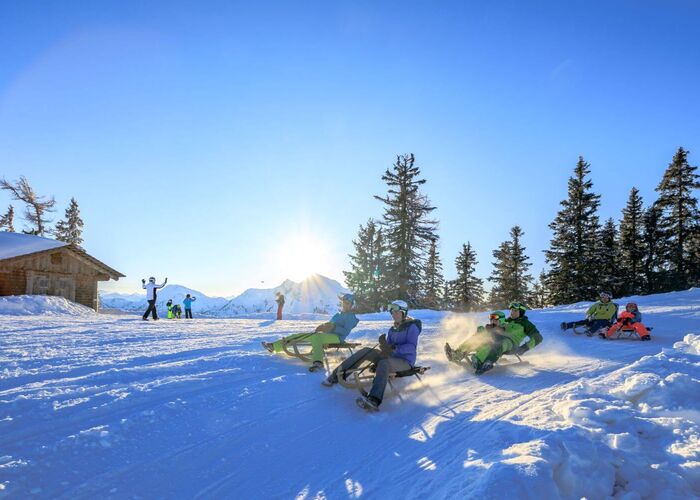 Group of tobogganists ride down the prepared toboggan run.