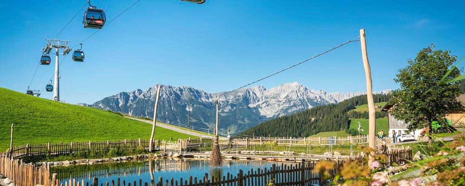 Sommerbergbahn schwebt über einen eingezäunten Teich, im Hintergrund das Bergpanorama