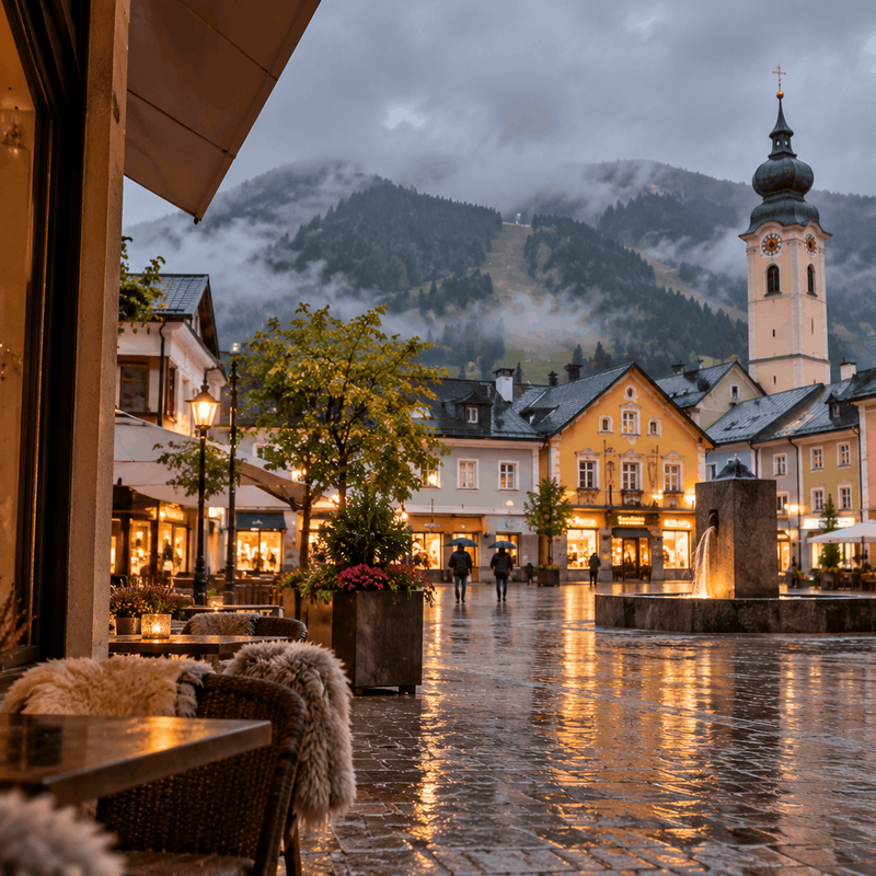Rain-soaked main square of Schladming in the evening with church tower and misty mountains