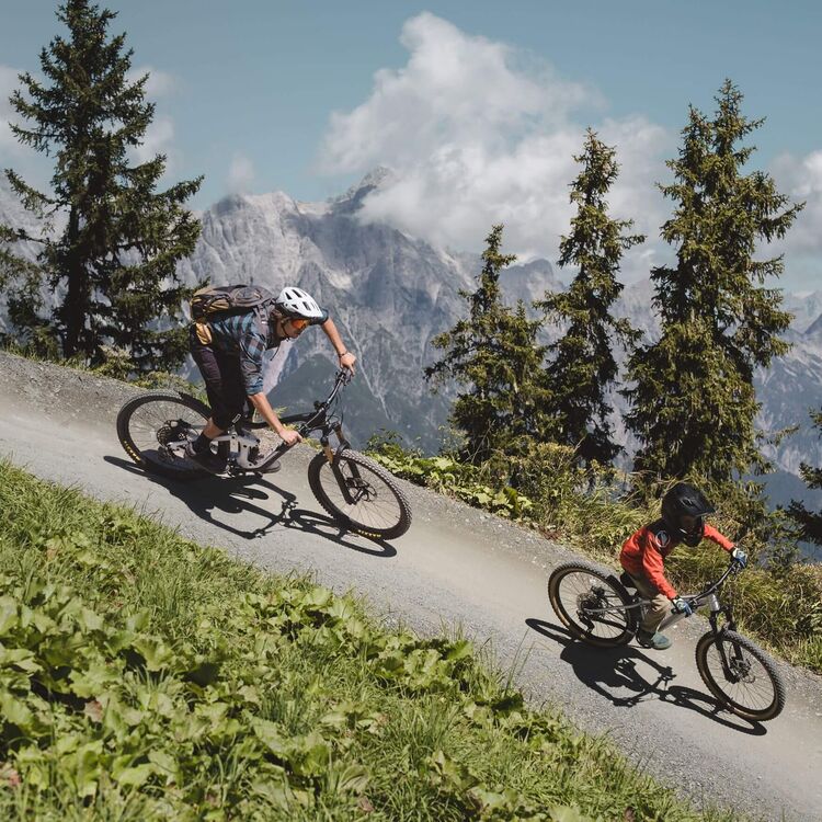Cycling trail with a mountain panorama in the Saalbach bike region.