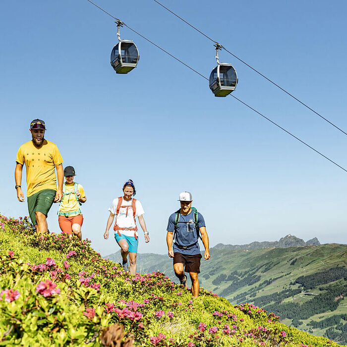 Hikers in Saalbach Hinterglemm with a view of the mountains