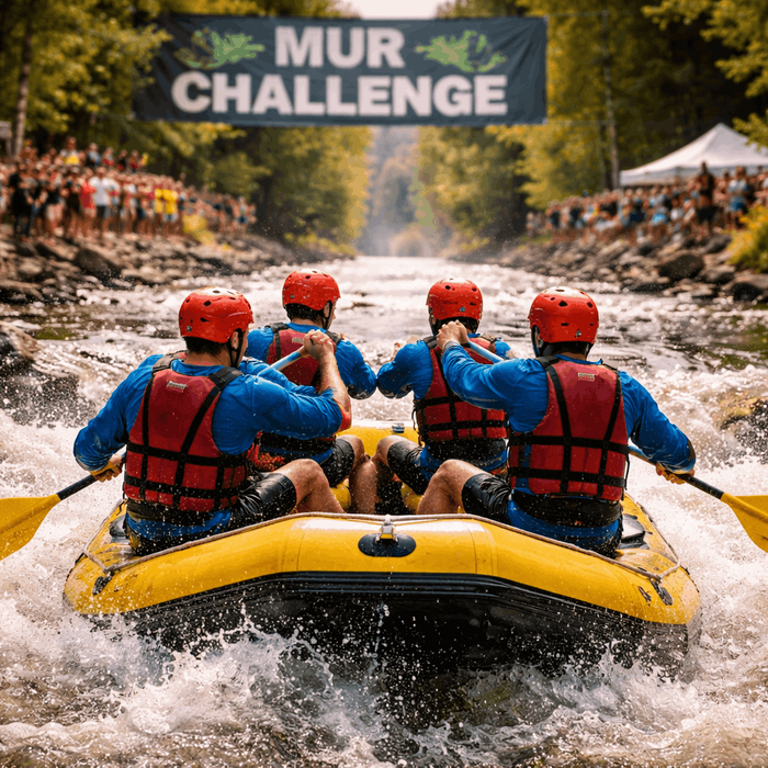 Raft op de Mur tijdens de Mur Challenge met stroomversnellingen en eventomgeving