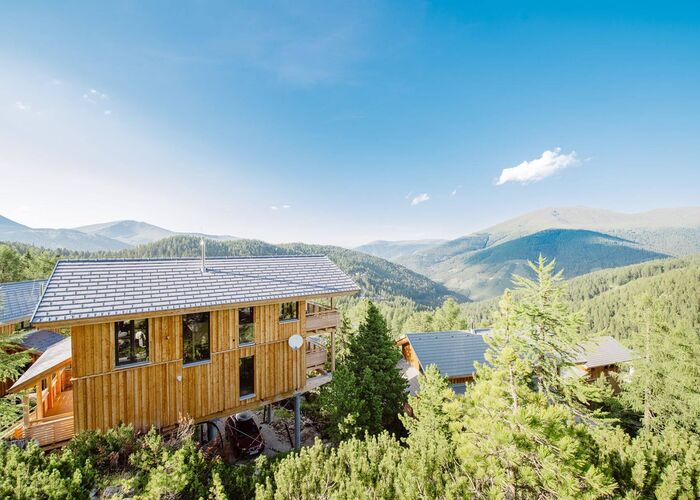 Ferienhäuser im Zirbenwald mit den Bergen im Hintergrund