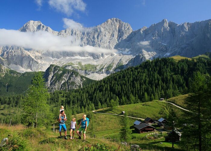 Wanderer inmitten einer farbenfrohen Naturlandschaft mit Bergen