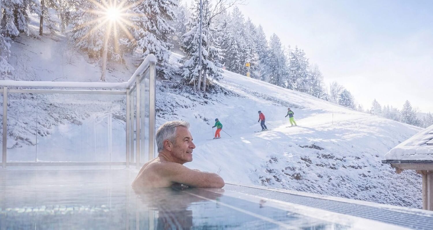 A man relaxes in a heated pool while skiers enjoy the snowy slopes in the background.