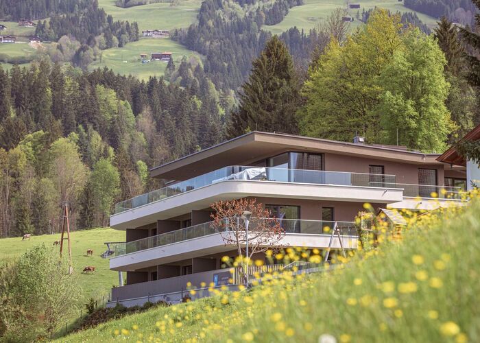 Moderne Architektur umgeben von grünen Wiesen und Bergen, mit Kühen im Hintergrund.