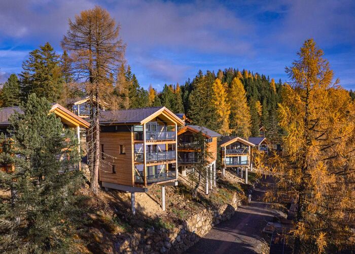 Außenansicht eines Naturchalets auf der Turracher Höhe im Herbst, umgeben von herbstlich gefärbten Bäumen und der alpinen Natur der Nockberge.