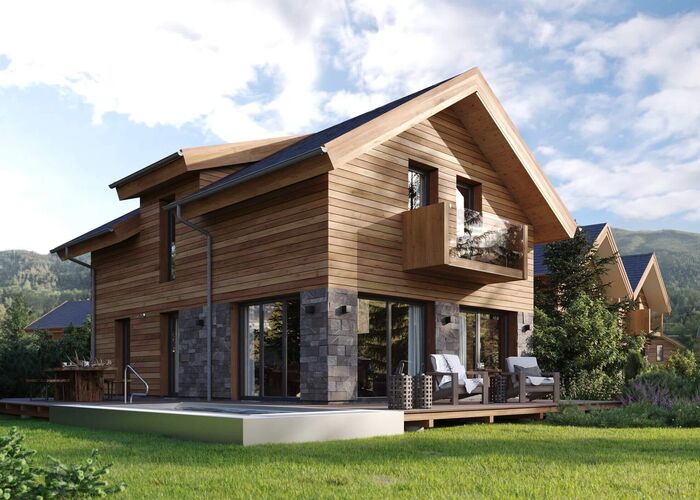 Modern houten chalet van Sonnenchalets Murau met terras, tuin en uitzicht op de omliggende bergen.