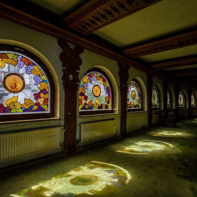 Colourful stained glass windows in the former Berwanger Hof before renovation