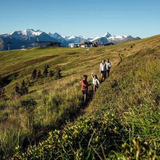A family enjoys a scenic hike on Schmittenhöhe, surrounded by lush grass and stunning mountain views.