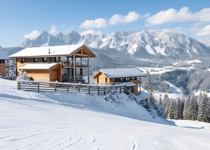 Moderne Berghütten stehen in der verschneiten Alpenlandschaft, umgeben von majestätischen Bergen und klarem blauen Himmel.