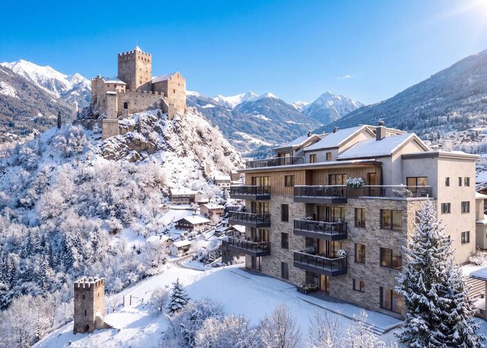 Ladis Suites mit Bergen und Burg im Winter