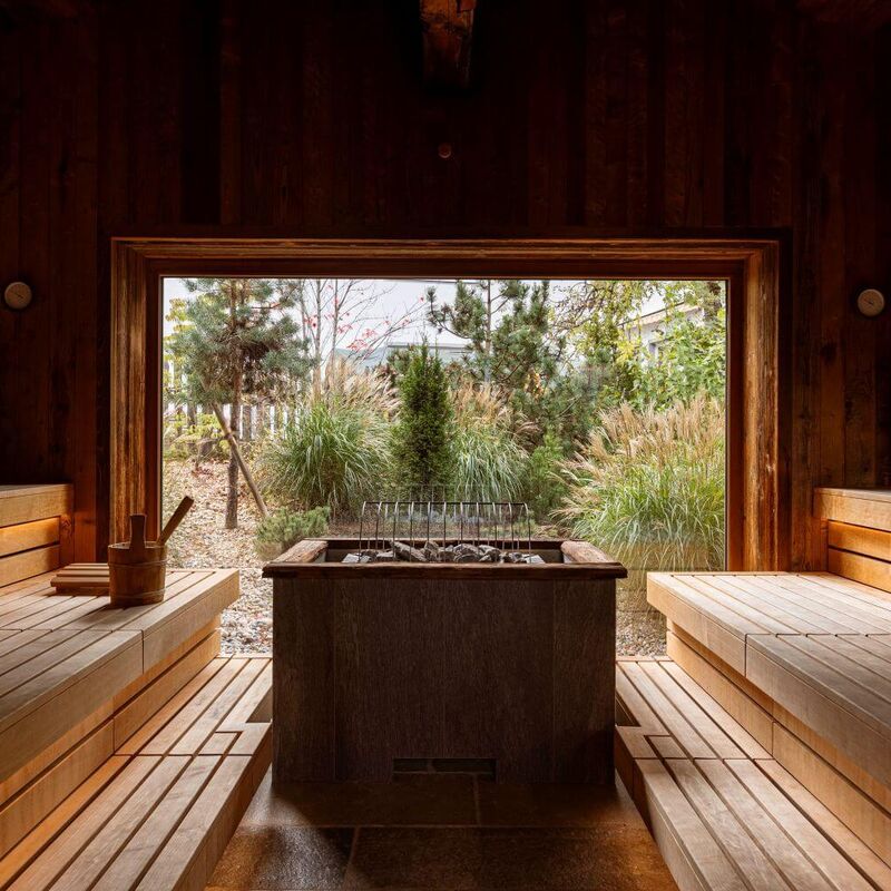 Sauna with floor to ceiling windows