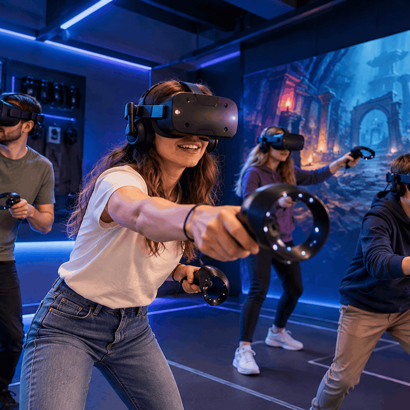 Gruppe mit VR-Brillen beim virtuellen Escape-Room-Abenteuer