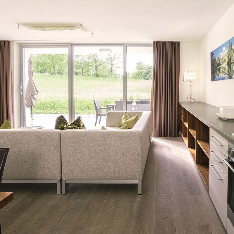 Bright open-plan kitchen & living area of an partment with panoramic window overlooking greenery