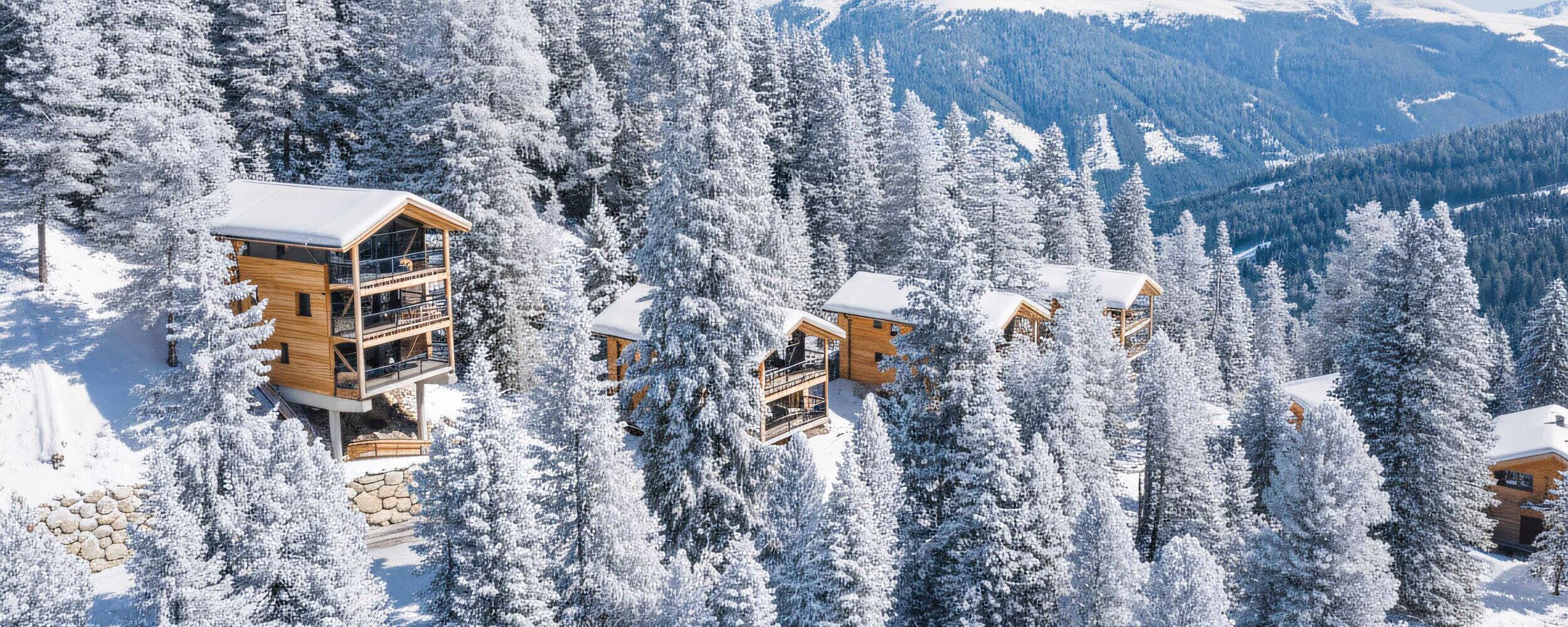 Außenansicht eines verschneiten Chalets der Naturchalets Turracher Höhe by ALPS RESORTS, umgeben von winterlichem Wald und der Berglandschaft der Turracher Höhe.