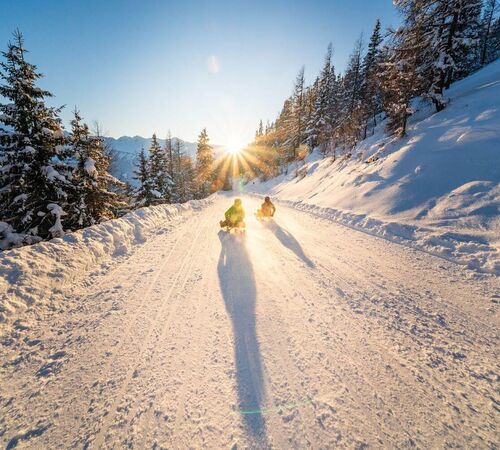 2 tobogganists ride their sledges down the toboggan run into the sunset.