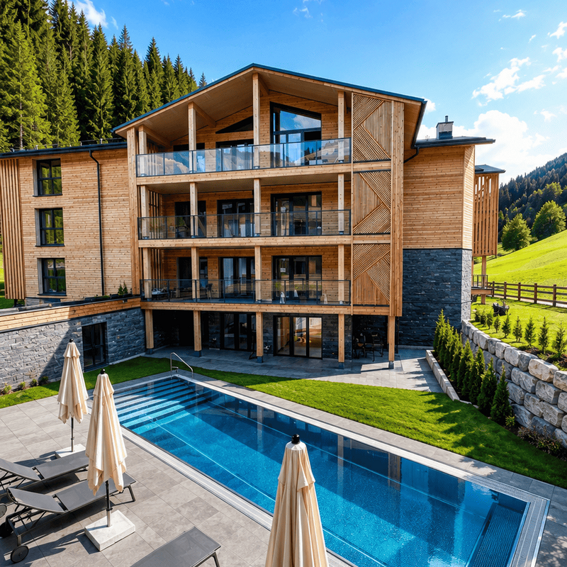 Außenpool der Saalbach Suites mit Liegen, Holzfassade und Bergblick in Saalbach