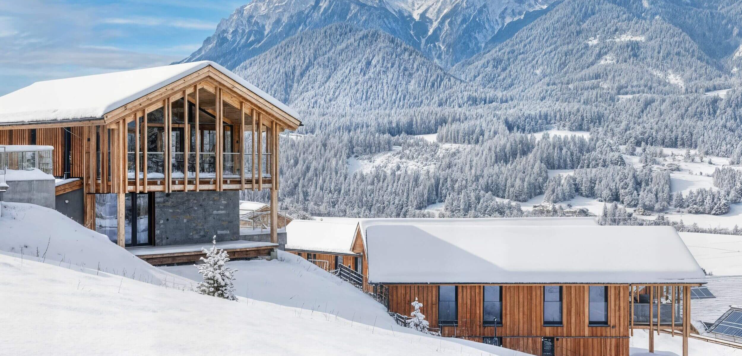 Ferienhäuser in der verschneiten Winterlandschaft in Schladming Dachstein
