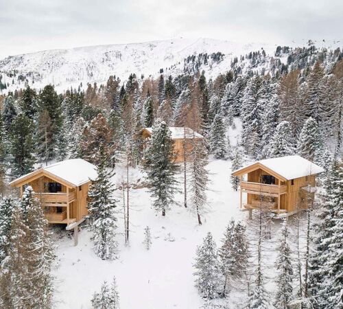 Ferienhäuser aus Holz im winterlichen Zirbenwald auf der Turracher Höhe