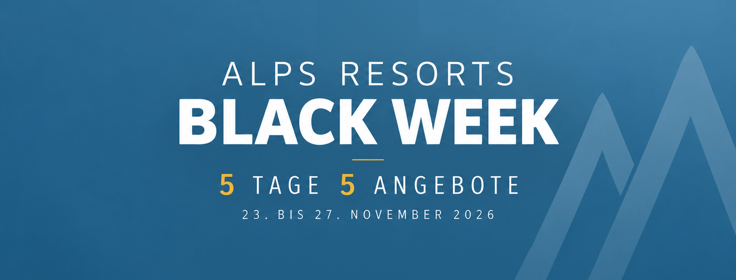 Schriftzug ALPS RESORTS Black Week mit 5 Tage, 5 Angebote von 23. bis 27. November 2026 auf blauem Hintergrund mit Bergsilhouette