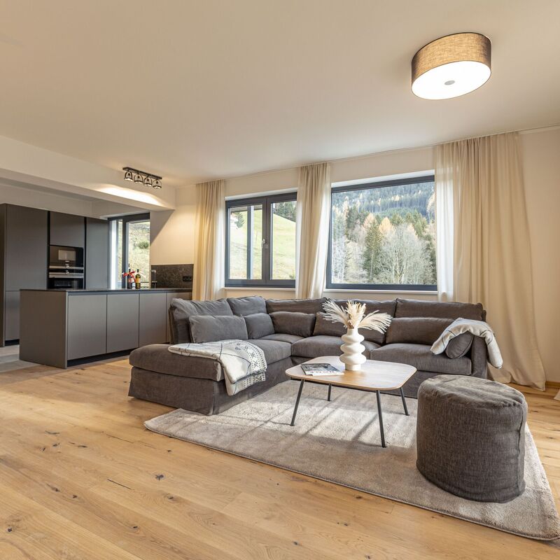 Heller, großzügiger Wohnbereich mit Küchenzeile einer modernen Ferienwohnung