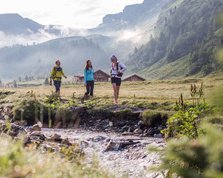 Hikers walking along a clear mountain stream in the Rauris Valley, located in the Hohe Tauern National Park.