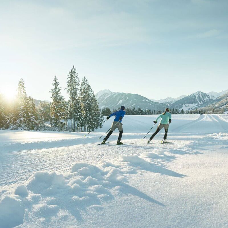 Two cross-country skiers on a perfectly groomed trail in a fairytale winter landscape