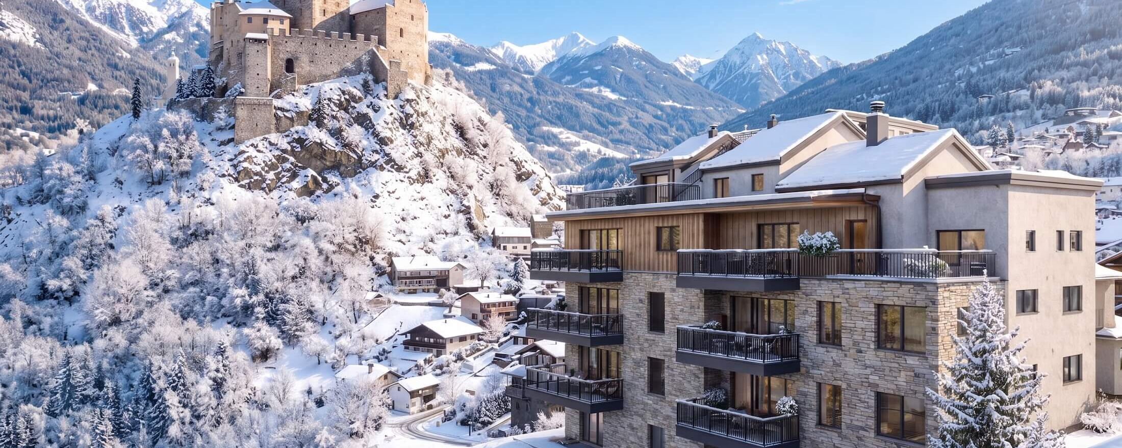 Ladis Suites mit Bergen und Burg im Winter