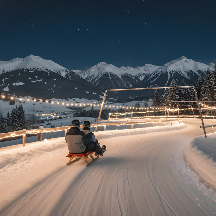 Rodeln bei Nacht mit Bergen im Hintergrund