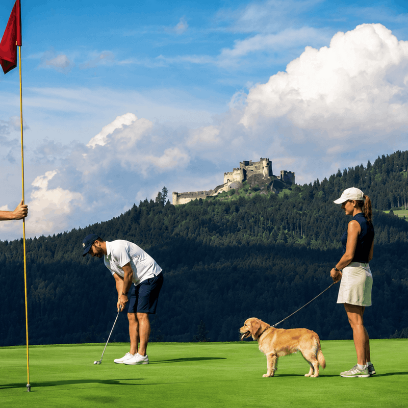 Golfer auf einem Platz mit Schlösserblick, begleitet von einer Frau mit Hund, genießen einen sonnigen Tag.