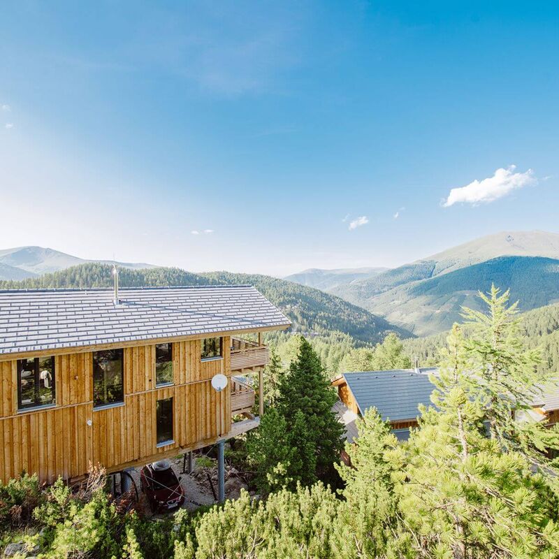 Holiday homes in the Swiss pine forest with the mountains in the background