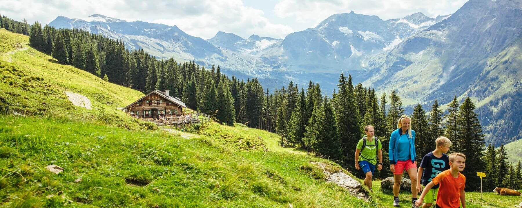 Familie mit 2 Kindern wandert auf einer Alm, im Hintergrund der Hohe Sonnblick.