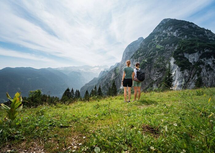 Wanderer auf der Zwieslalm mit berge im Hintergrund