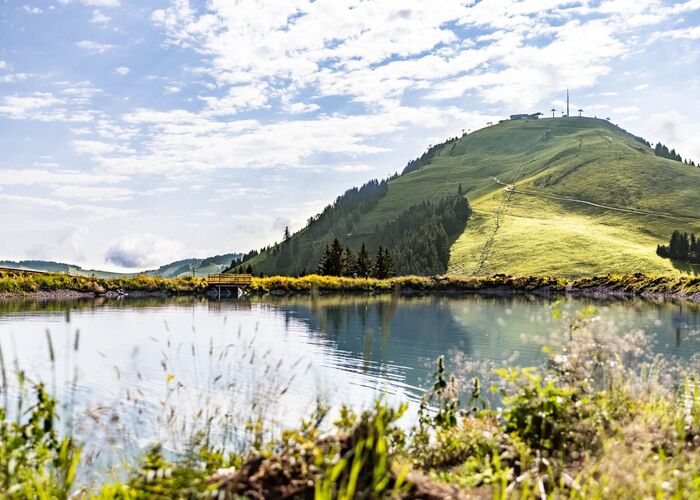 Ein ruhiger Bergsee umgeben von üppiger grüner Landschaft und sanften Hügeln im Juli 2021. | © magdalenalaiminger
