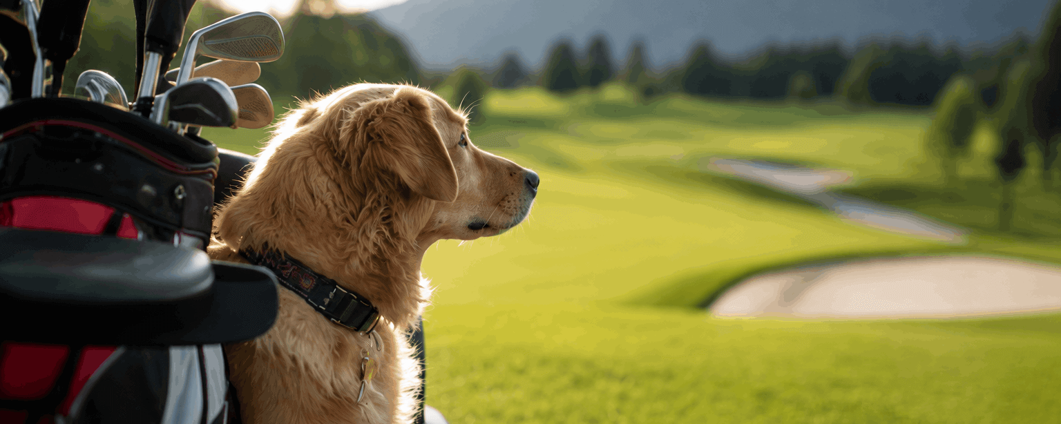 Ein goldenes Retriver Hund sitzt neben Golfschlägern und blickt auf einen grünen Golfplatz mit Bergen im Hintergrund.