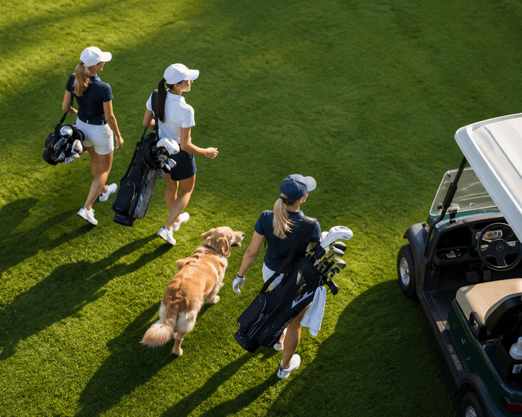 Drei Golferinnen mit Schlägern gehen mit einem Hund über das grüne Golfplatzgelände.