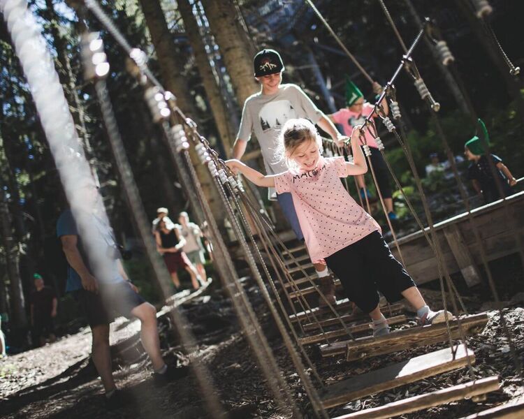 Children cross a wobbly rope bridge in the forest.
