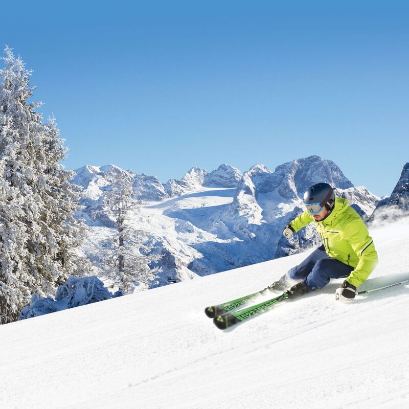 Skifahrer auf seiner Abfahrt mit Blick die verschneiten Berge und Bäume